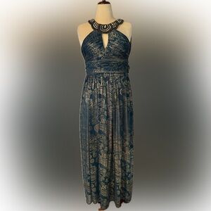 Vintage size 6 Long Green Halter and Gold Metallic dress gown sheath